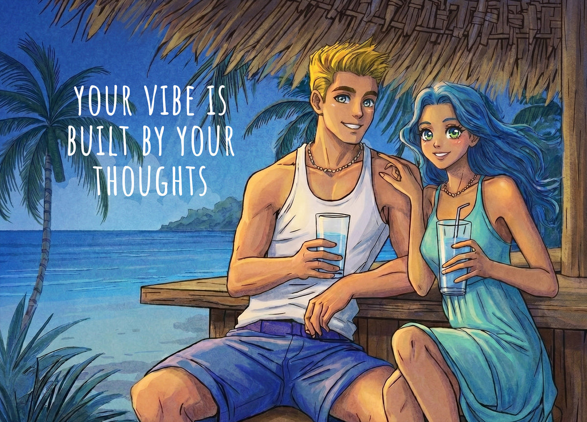 A postcard illustration of a man and woman sitting on a beach hut with a quote about thoughts.