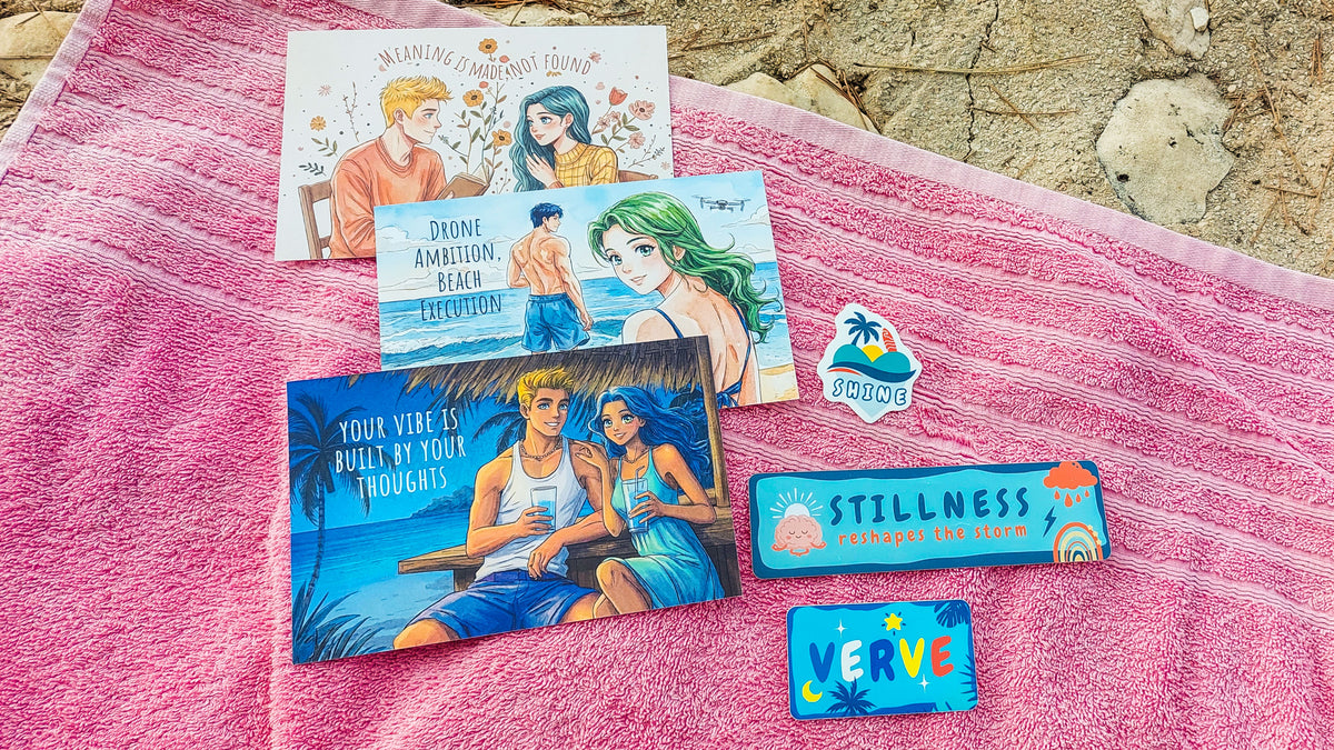 A styled flat-lay of illustrated stationery and stickers arranged on a pink towel outdoors. The set includes stickers and postcards.