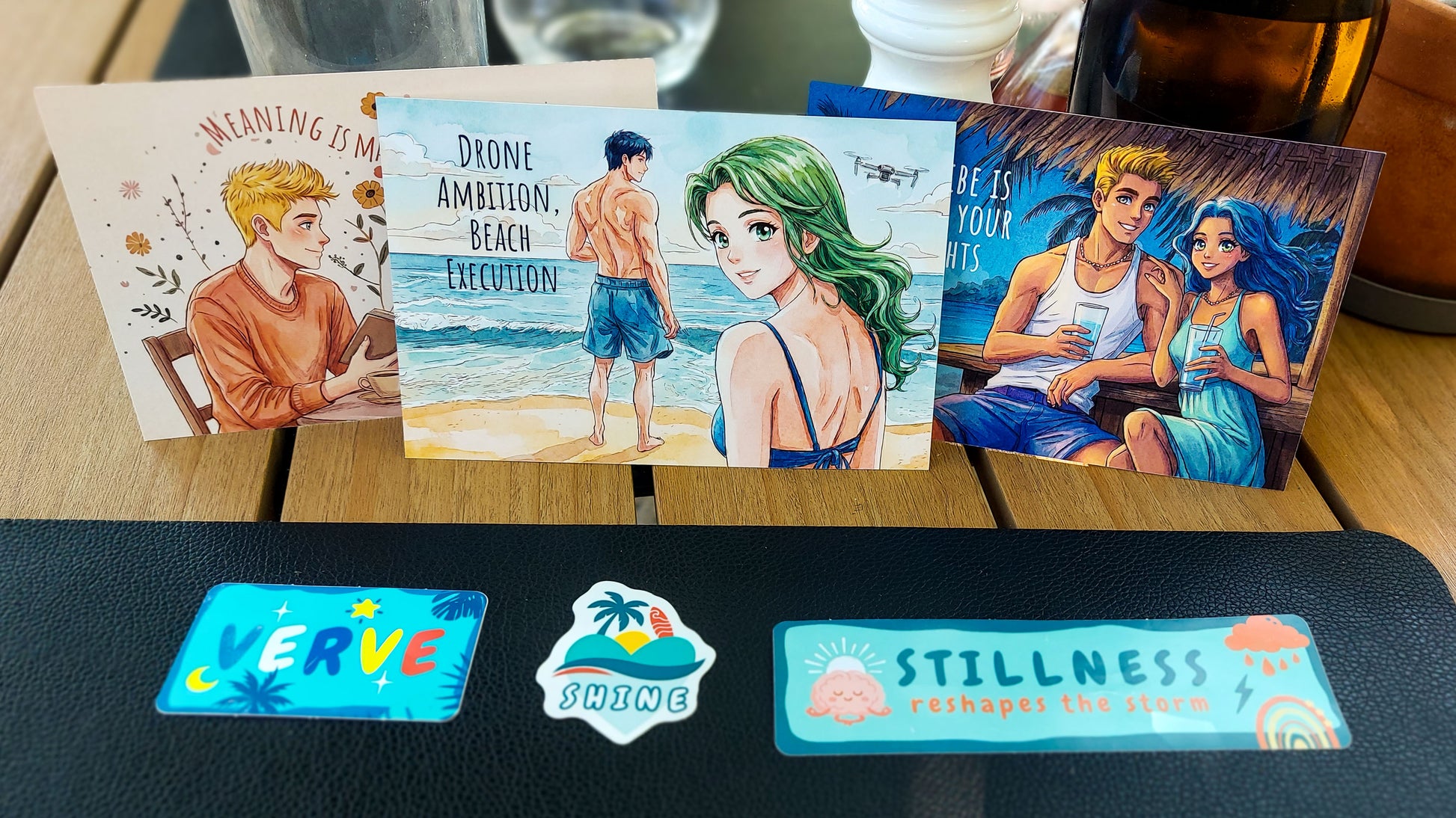 Three illustrated greeting cards are arranged on a wooden table, with three matching stickers placed in front on a black surface. The artwork shows anime-style characters.