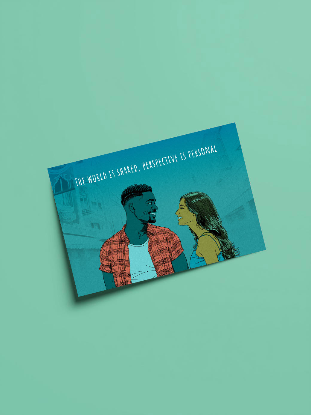 The World is Shared, Perspective is Personal – Motivational Design Postcard