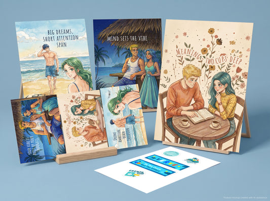 A set of illustrated travel-themed art prints collector bundle and matching sticker designs displayed on small easels against a light blue background.