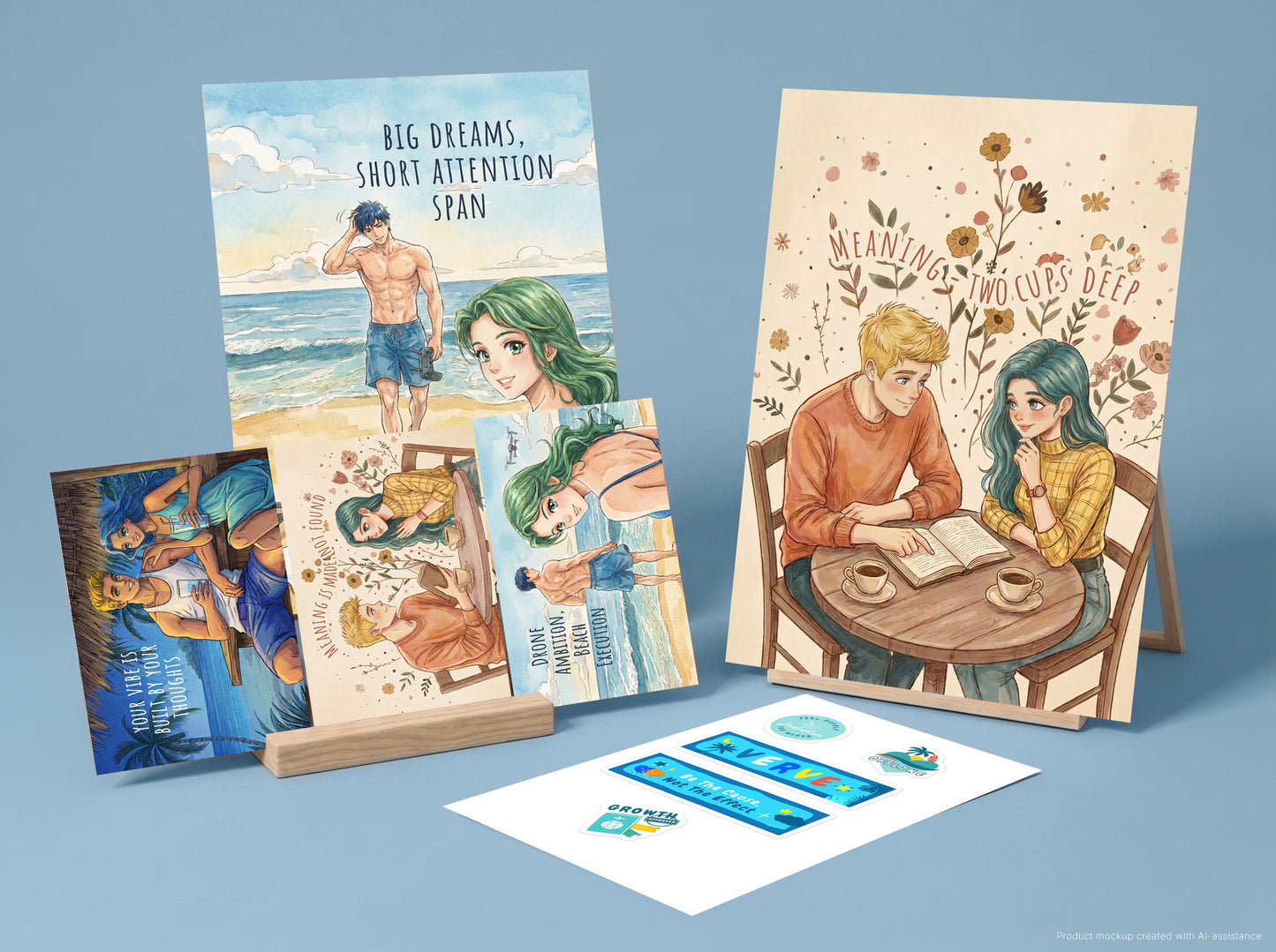 A Jadenbree premium bundle - a set of illustrated art prints and matching sticker sheets displayed on small easels against a soft blue studio background.