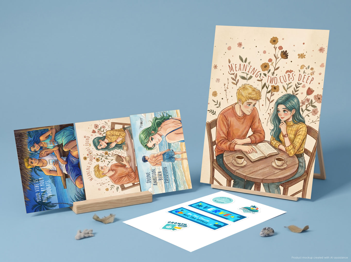 A Jadenbree Starter Bundle - a set of illustrated printed postcards and a poster displayed on small easels against a light blue background, with a white sheet of matching stickers placed in front.