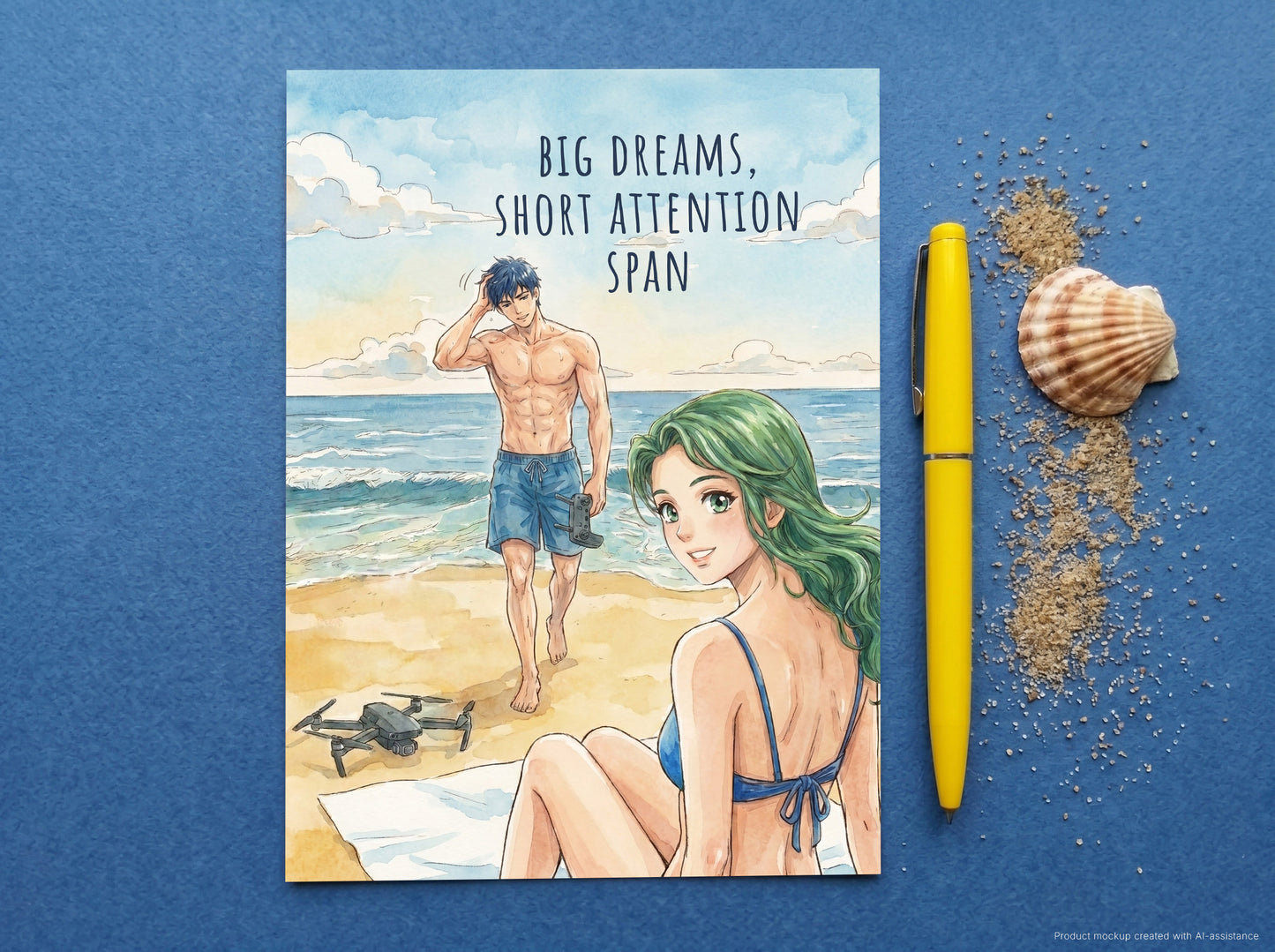 An poster art print featuring an anime-style beach scene with the text 'BIG DREAMS, SHORT ATTENTION SPAN' at the top, styled on a blue background with a yellow pen and a seashell nearby.