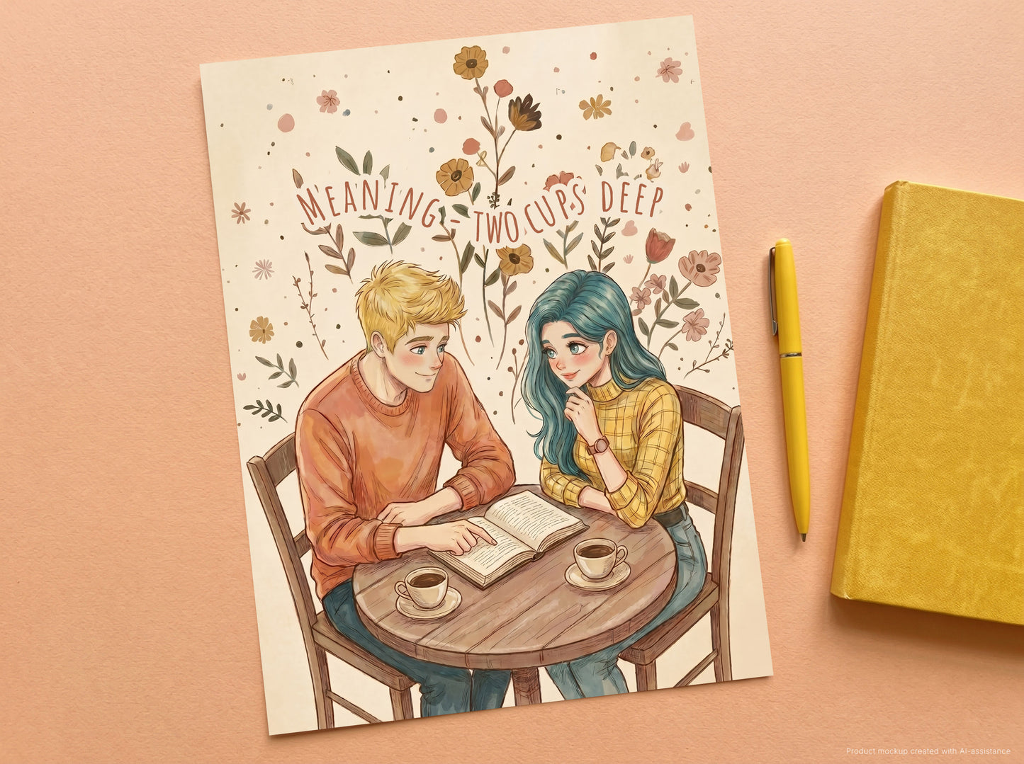 A poster featuring an illustration of a blonde man and a teal-haired woman sitting at a table with books and coffee, surrounded by flowers and the text 'MEANING - TWO CUPS DEEP'. The print is displayed on a peach background next to a yellow pen and a yellow notebook.