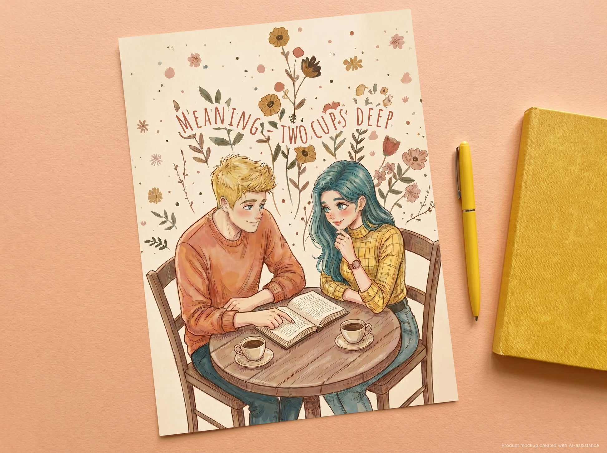A poster featuring an illustration of a blonde man and a teal-haired woman sitting at a table with books and coffee, surrounded by flowers and the text 'MEANING - TWO CUPS DEEP'. The print is displayed on a peach background next to a yellow pen and a yellow notebook.