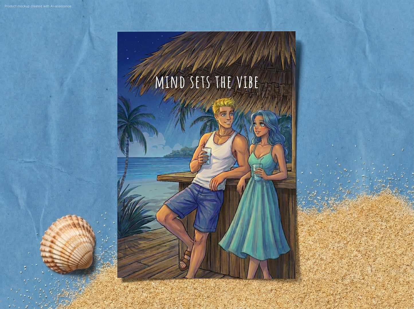 A poster leaning on sand against a blue backdrop, showing an illustrated beach bar scene with two people under a thatched roof. The print has the text 'MIND SETS THE VIBE' at the top.