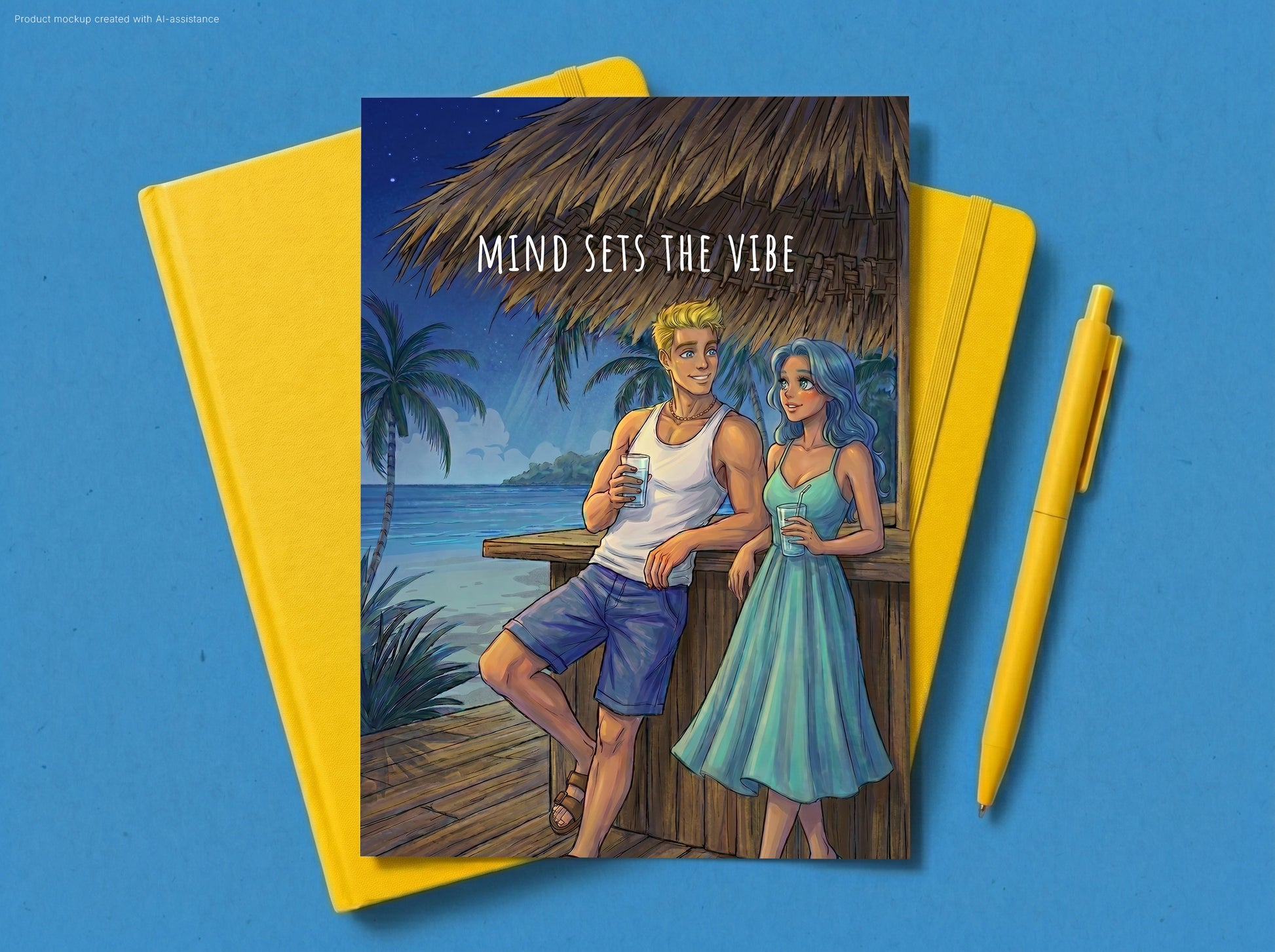 A notebook with illustrated cover art reading 'MIND SETS THE VIBE' is displayed on a blue background with yellow notebook pages underneath and a yellow pen beside it. The cover shows two people by a beach at night under a thatched roof.