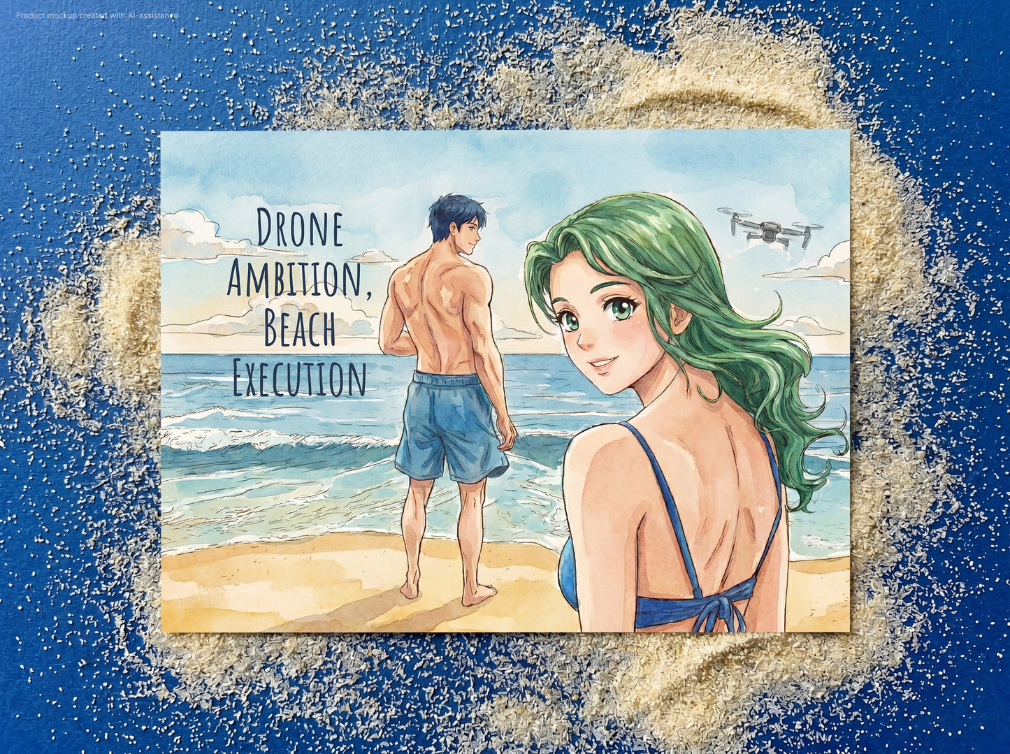 A postcard showing a beach scene with a shirtless man in blue shorts facing the ocean and an anime-style woman with green hair in a blue bikini, surrounded by scattered sand on a blue textured background. The text on the artwork reads 'DRONE AMBITION, BEACH EXECUTION'.