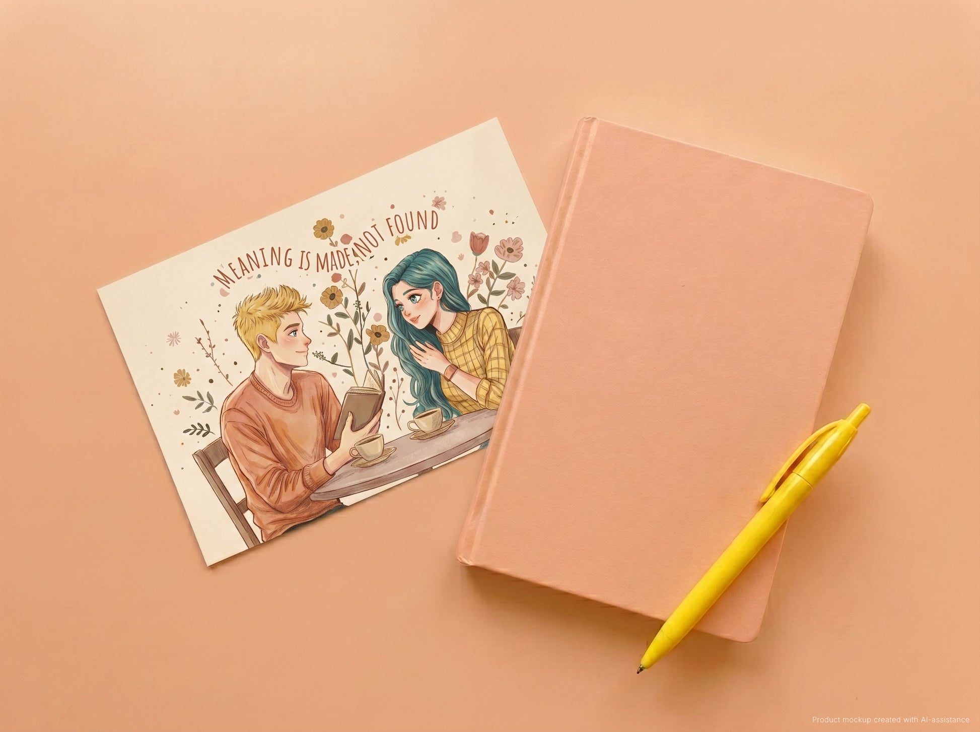 A peach-colored hardcover notebook lies on a peach background next to a printed art postcard featuring an illustrated couple and the quote 'Meaning is made, not found', with a yellow pen resting on top.