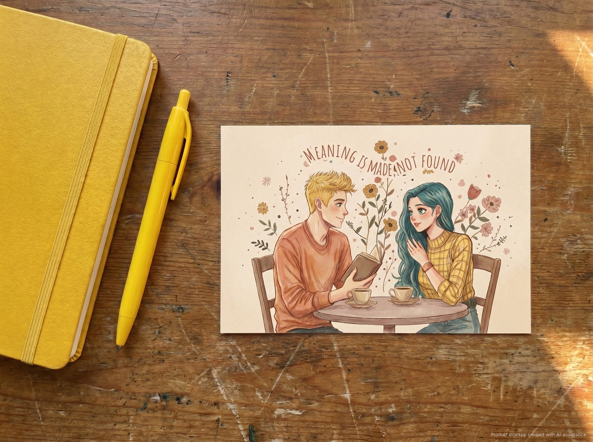 A postcard featuring an illustrated couple sitting at a table with flowers and the text 'MEANING IS MADE, NOT FOUND' lies on a rustic wooden tabletop next to a yellow notebook and a yellow pen.