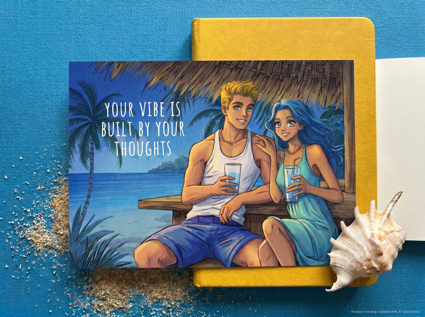 A postcard illustration of a couple sitting under a thatched roof with a beach view, holding drinks, and a quote about vibes and thoughts.